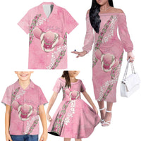 Hawaii Maui Island Flowers Lei Family Matching Off The Shoulder Long Sleeve Dress and Hawaiian Shirt Lokelani Rose Pink LT7 - Polynesian Pride
