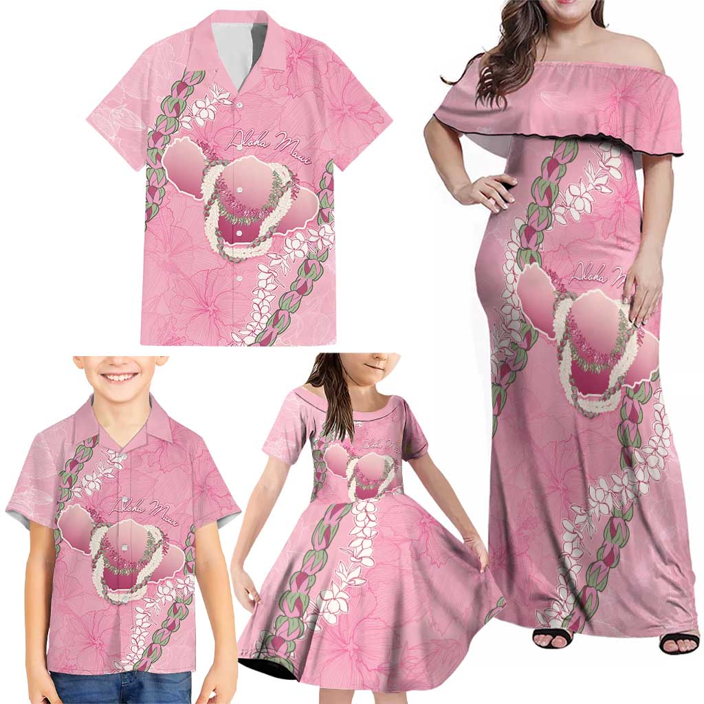 Hawaii Maui Island Flowers Lei Family Matching Off Shoulder Maxi Dress and Hawaiian Shirt Lokelani Rose Pink LT7 - Polynesian Pride