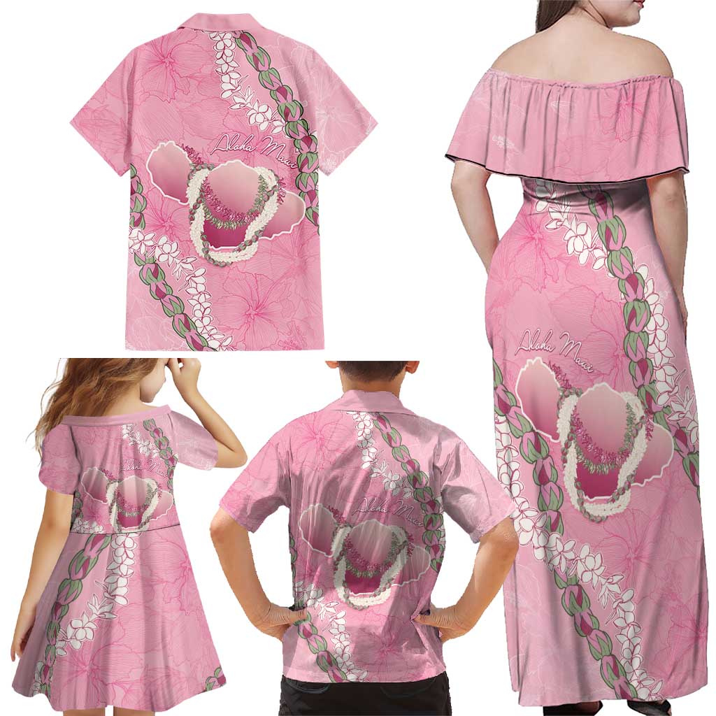 Hawaii Maui Island Flowers Lei Family Matching Off Shoulder Maxi Dress and Hawaiian Shirt Lokelani Rose Pink LT7 - Polynesian Pride