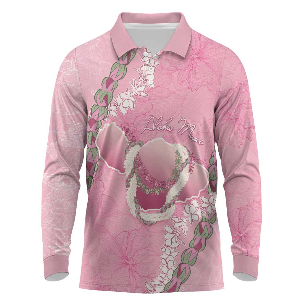 Hawaii Maui Island Flowers Lei Long Sleeve Polo Shirt Lokelani Rose Pink LT7 Pink - Polynesian Pride
