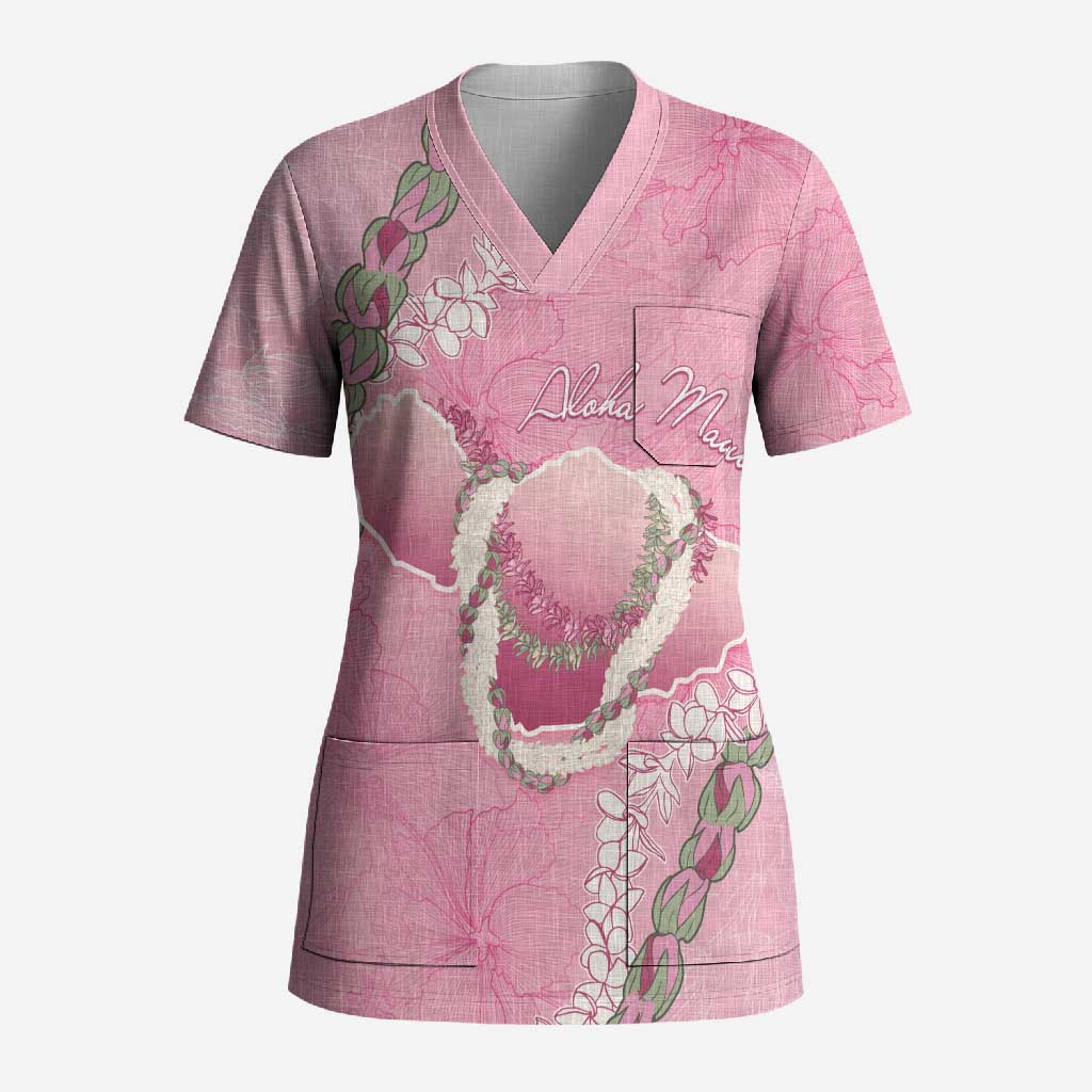 Hawaii Maui Island Flowers Lei Scrub Top Lokelani Rose Pink LT7 Adult Pink - Polynesian Pride