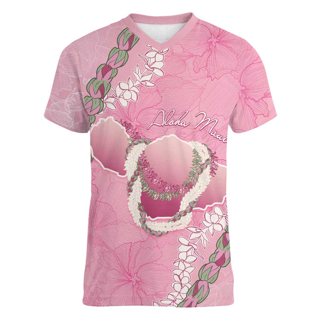 Hawaii Maui Island Flowers Lei Women V-Neck T-Shirt Lokelani Rose Pink