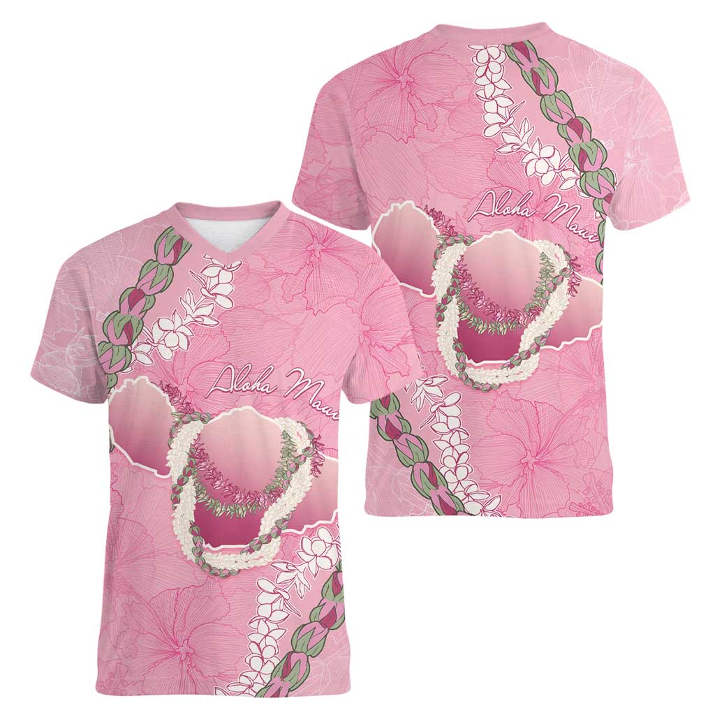 Hawaii Maui Island Flowers Lei Women V-Neck T-Shirt Lokelani Rose Pink