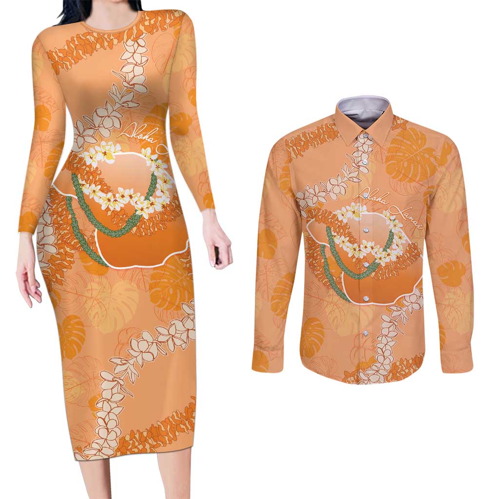 Hawaii Lanai Island Flowers Lei Couples Matching Long Sleeve Bodycon Dress and Long Sleeve Button Shirt Orange Kaunaoa Mix Maile
