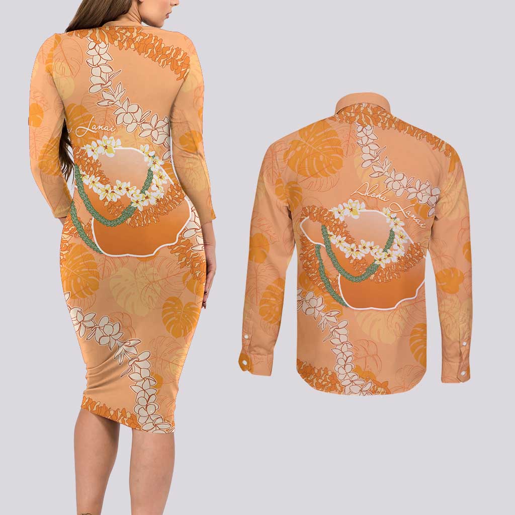 Hawaii Lanai Island Flowers Lei Couples Matching Long Sleeve Bodycon Dress and Long Sleeve Button Shirt Orange Kaunaoa Mix Maile