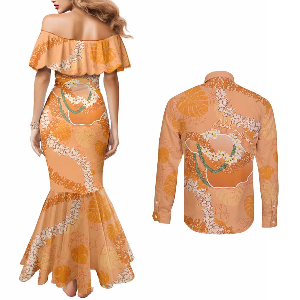 Hawaii Lanai Island Flowers Lei Couples Matching Mermaid Dress and Long Sleeve Button Shirt Orange Kaunaoa Mix Maile