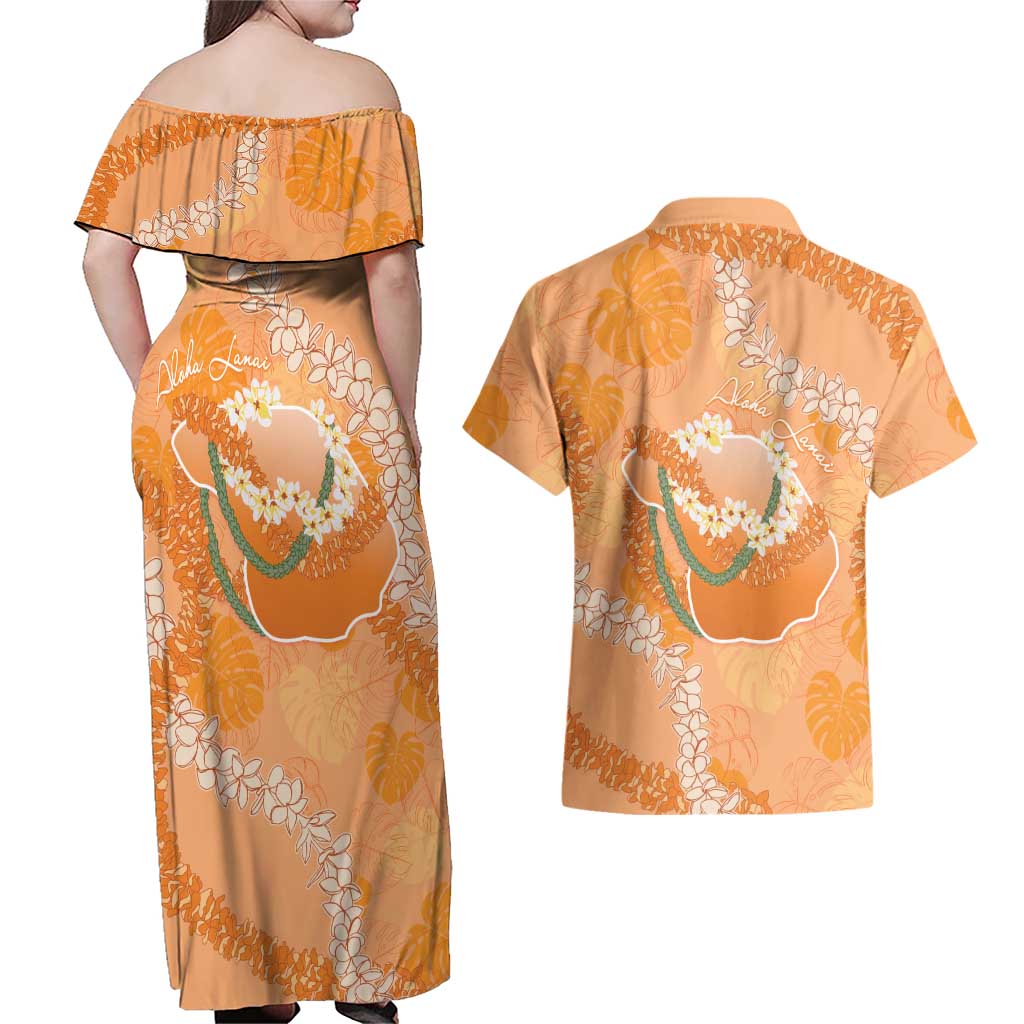 Hawaii Lanai Island Flowers Lei Couples Matching Off Shoulder Maxi Dress and Hawaiian Shirt Orange Kaunaoa Mix Maile