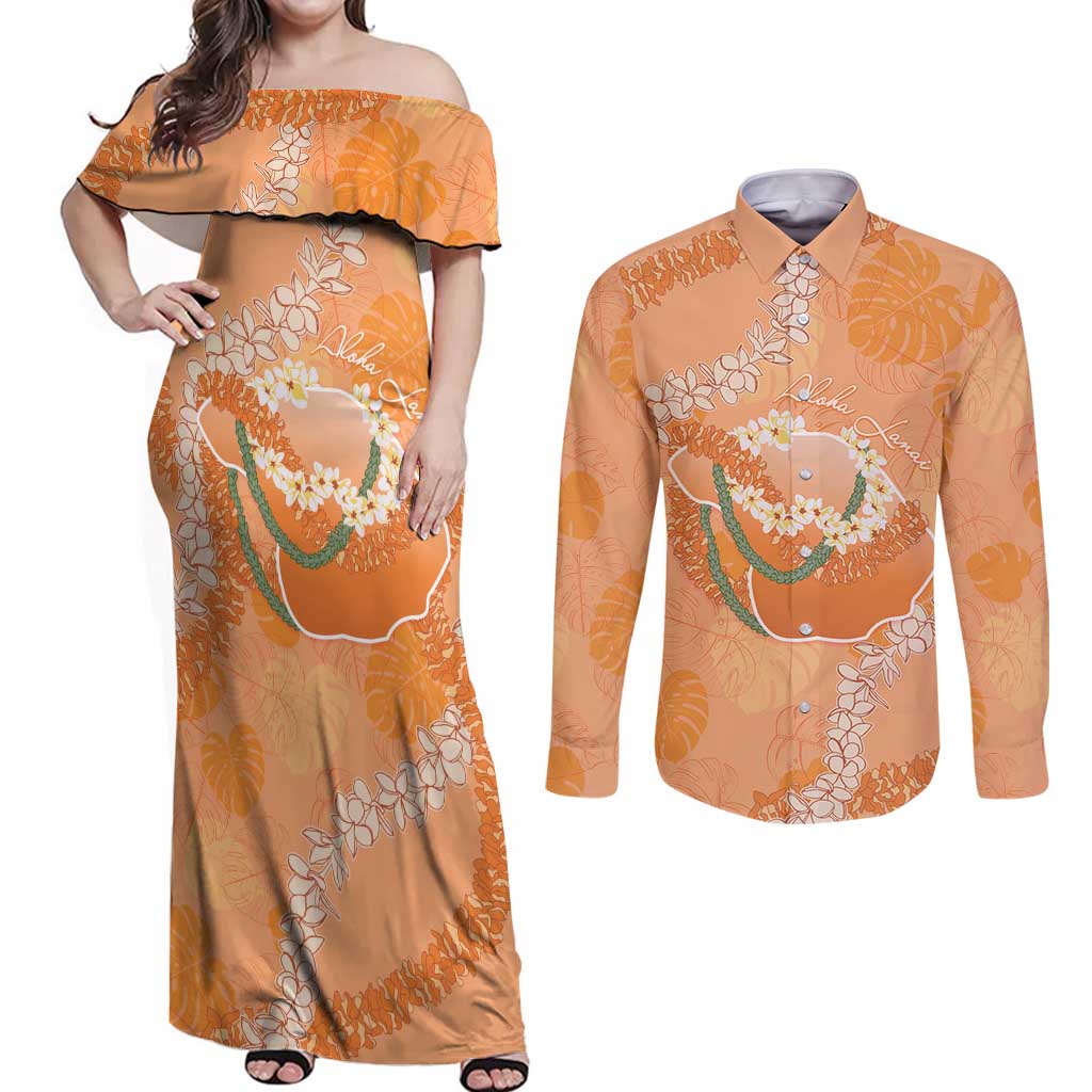 Hawaii Lanai Island Flowers Lei Couples Matching Off Shoulder Maxi Dress and Long Sleeve Button Shirt Orange Kaunaoa Mix Maile LT7 Orange - Polynesian Pride