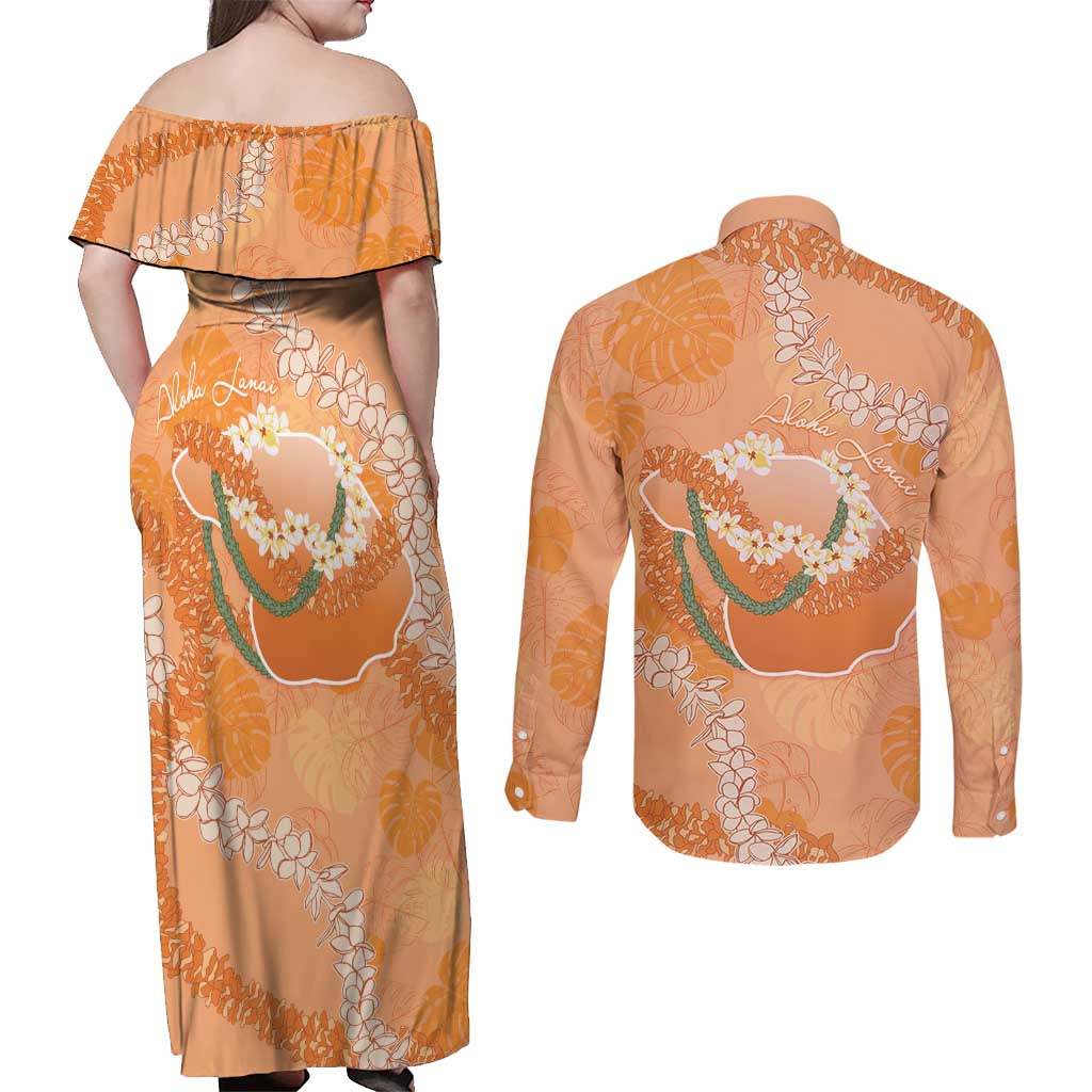 Hawaii Lanai Island Flowers Lei Couples Matching Off Shoulder Maxi Dress and Long Sleeve Button Shirt Orange Kaunaoa Mix Maile LT7 - Polynesian Pride