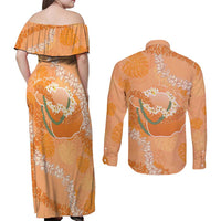 Hawaii Lanai Island Flowers Lei Couples Matching Off Shoulder Maxi Dress and Long Sleeve Button Shirt Orange Kaunaoa Mix Maile LT7 - Polynesian Pride