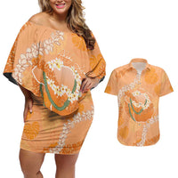 Hawaii Lanai Island Flowers Lei Couples Matching Off Shoulder Short Dress and Hawaiian Shirt Orange Kaunaoa Mix Maile