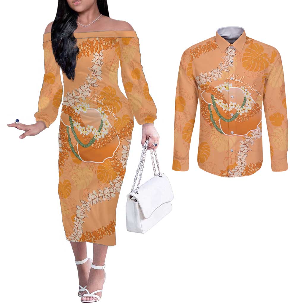 Hawaii Lanai Island Flowers Lei Couples Matching Off The Shoulder Long Sleeve Dress and Long Sleeve Button Shirt Orange Kaunaoa Mix Maile