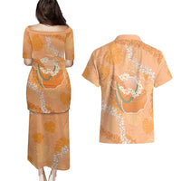 Hawaii Lanai Island Flowers Lei Couples Matching Puletasi and Hawaiian Shirt Orange Kaunaoa Mix Maile LT7 - Polynesian Pride
