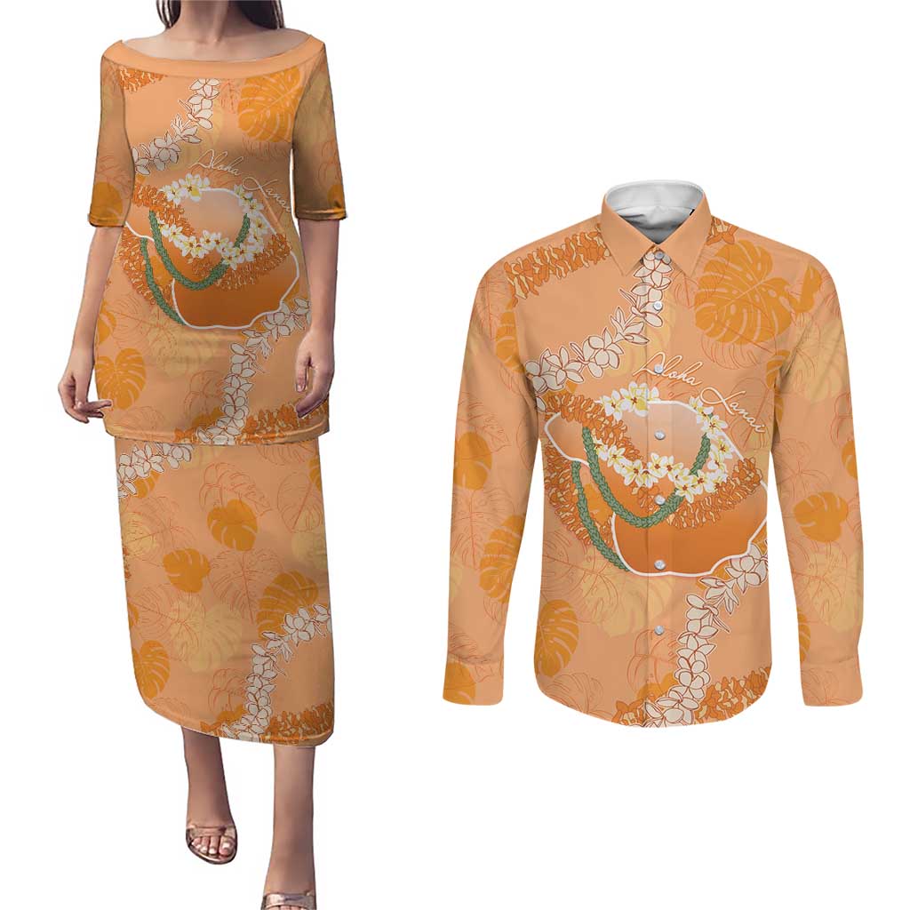 Hawaii Lanai Island Flowers Lei Couples Matching Puletasi and Long Sleeve Button Shirt Orange Kaunaoa Mix Maile LT7 Orange - Polynesian Pride