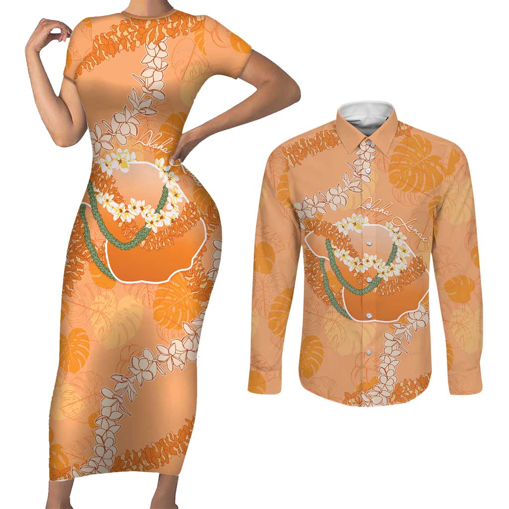 Hawaii Lanai Island Flowers Lei Couples Matching Short Sleeve Bodycon Dress and Long Sleeve Button Shirt Orange Kaunaoa Mix Maile