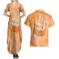 Hawaii Lanai Island Flowers Lei Couples Matching Summer Maxi Dress and Hawaiian Shirt Orange Kaunaoa Mix Maile