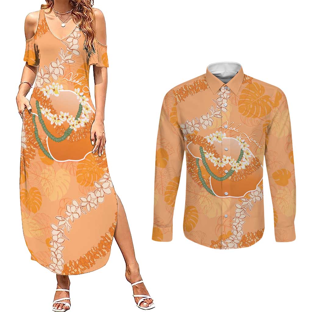 Hawaii Lanai Island Flowers Lei Couples Matching Summer Maxi Dress and Long Sleeve Button Shirt Orange Kaunaoa Mix Maile LT7 Orange - Polynesian Pride