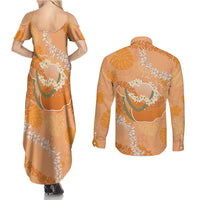 Hawaii Lanai Island Flowers Lei Couples Matching Summer Maxi Dress and Long Sleeve Button Shirt Orange Kaunaoa Mix Maile LT7 - Polynesian Pride