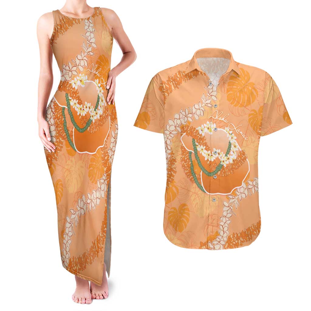 Hawaii Lanai Island Flowers Lei Couples Matching Tank Maxi Dress and Hawaiian Shirt Orange Kaunaoa Mix Maile