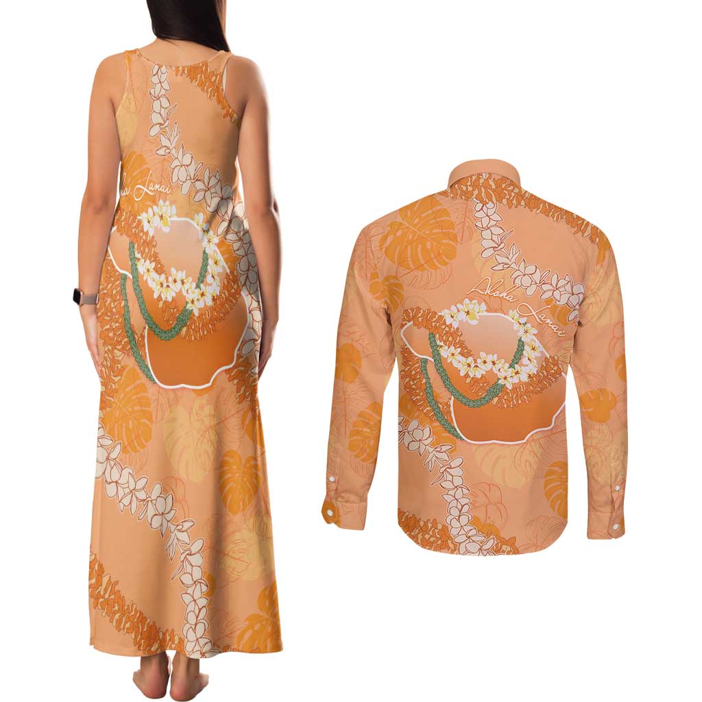 Hawaii Lanai Island Flowers Lei Couples Matching Tank Maxi Dress and Long Sleeve Button Shirt Orange Kaunaoa Mix Maile LT7 - Polynesian Pride