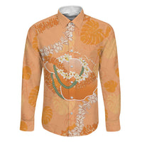Hawaii Lanai Island Flowers Lei Family Matching Off The Shoulder Long Sleeve Dress and Hawaiian Shirt Orange Kaunaoa Mix Maile LT7 Dad's Shirt - Long Sleeve Orange - Polynesian Pride