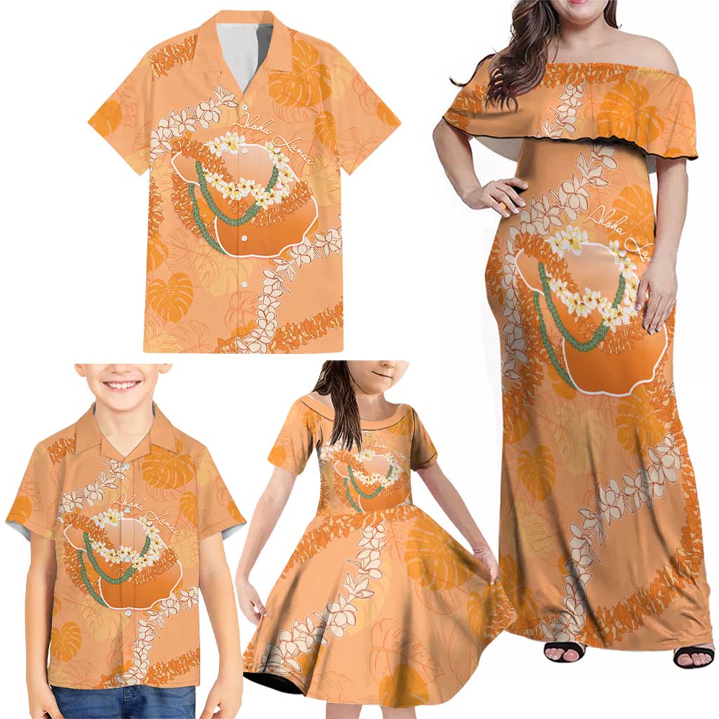 Hawaii Lanai Island Flowers Lei Family Matching Off Shoulder Maxi Dress and Hawaiian Shirt Orange Kaunaoa Mix Maile LT7 - Polynesian Pride