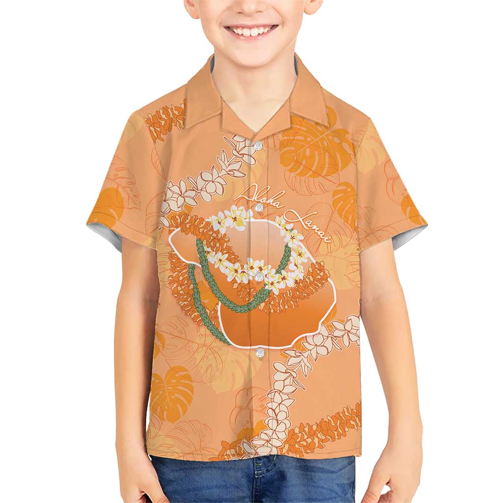 Hawaii Lanai Island Flowers Lei Family Matching Off Shoulder Short Dress and Hawaiian Shirt Orange Kaunaoa Mix Maile LT7 Son's Shirt Orange - Polynesian Pride