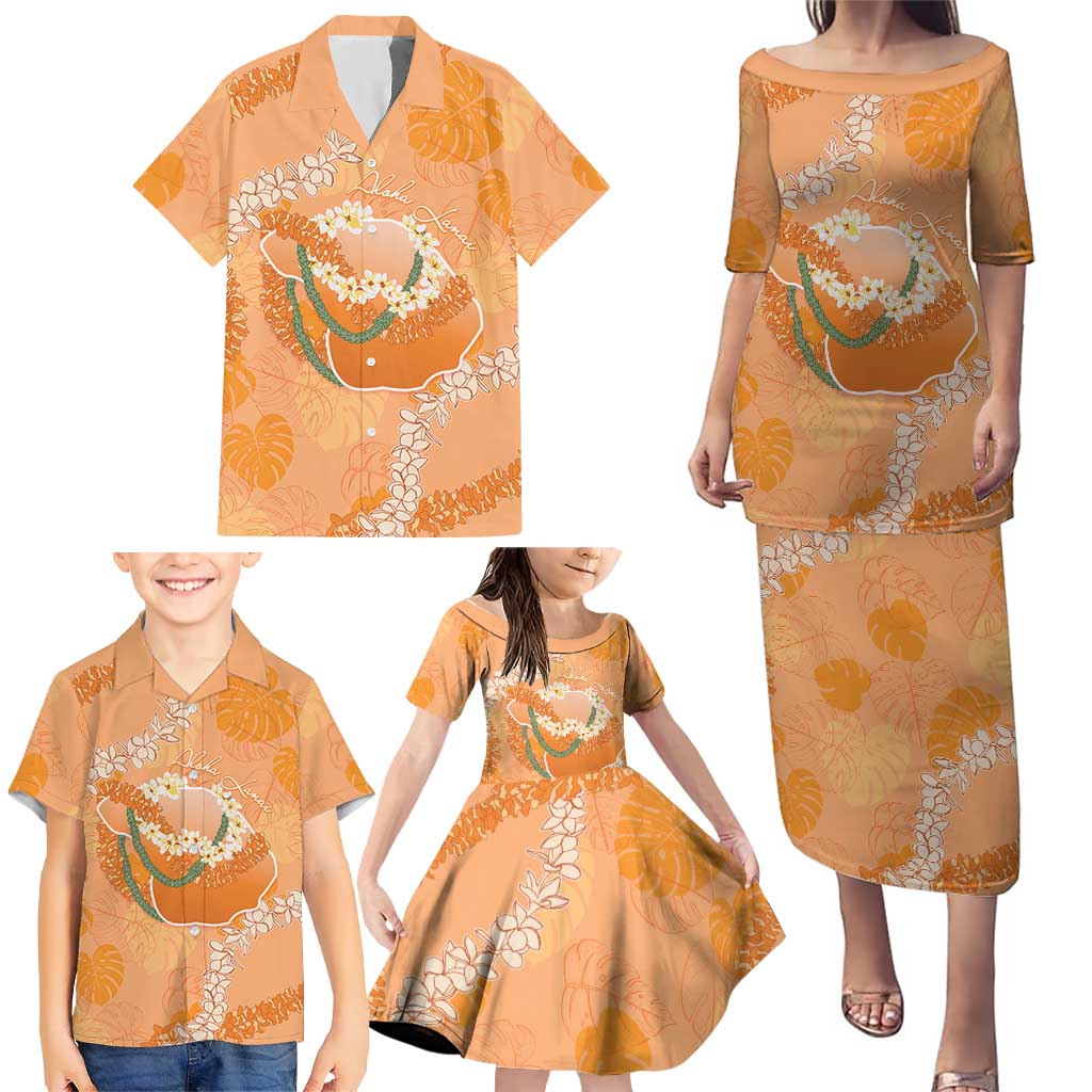 Hawaii Lanai Island Flowers Lei Family Matching Puletasi and Hawaiian Shirt Orange Kaunaoa Mix Maile LT7 - Polynesian Pride