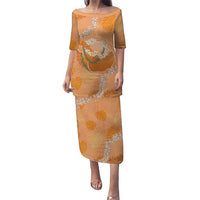 Hawaii Lanai Island Flowers Lei Family Matching Puletasi and Hawaiian Shirt Orange Kaunaoa Mix Maile LT7 Mom's Dress Orange - Polynesian Pride