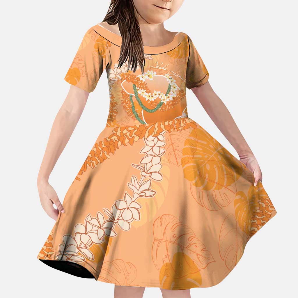 Hawaii Lanai Island Flowers Lei Family Matching Summer Maxi Dress and Hawaiian Shirt Orange Kaunaoa Mix Maile LT7 Daughter's Dress Orange - Polynesian Pride