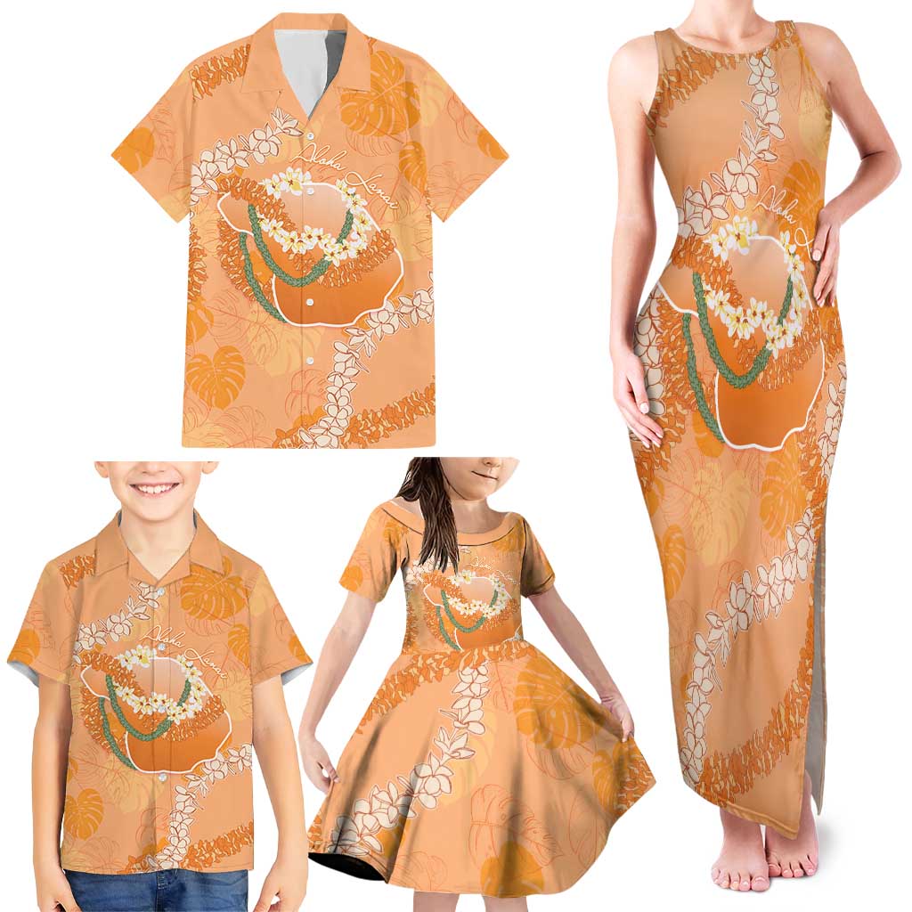 Hawaii Lanai Island Flowers Lei Family Matching Tank Maxi Dress and Hawaiian Shirt Orange Kaunaoa Mix Maile