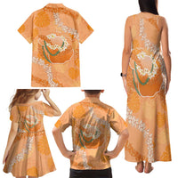 Hawaii Lanai Island Flowers Lei Family Matching Tank Maxi Dress and Hawaiian Shirt Orange Kaunaoa Mix Maile LT7 - Polynesian Pride