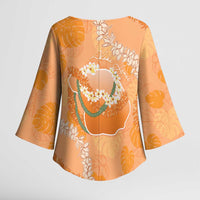 Hawaii Lanai Island Flowers Lei Kimono Sleeve Blouse Orange Kaunaoa Mix Maile