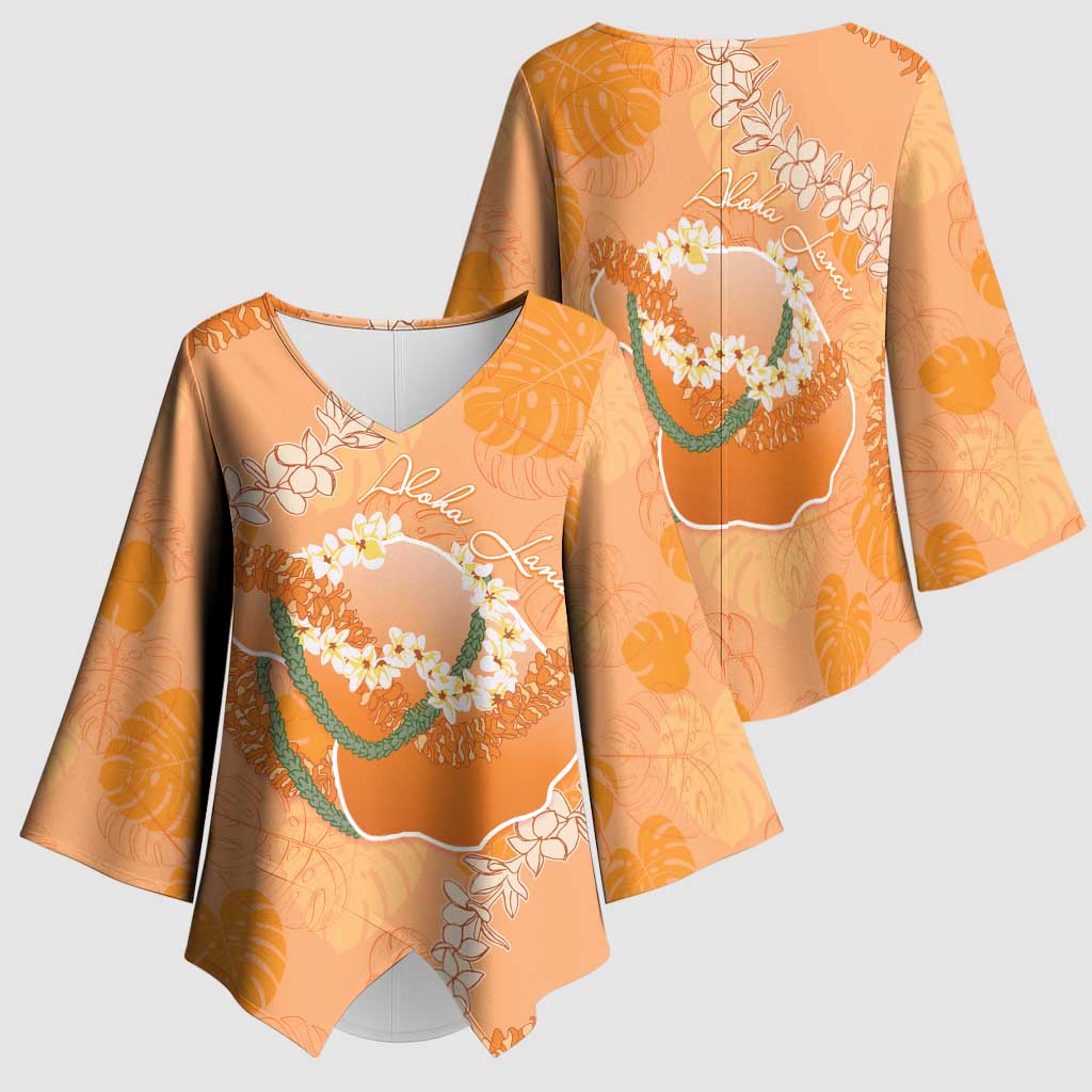 Hawaii Lanai Island Flowers Lei Kimono Sleeve Blouse Orange Kaunaoa Mix Maile