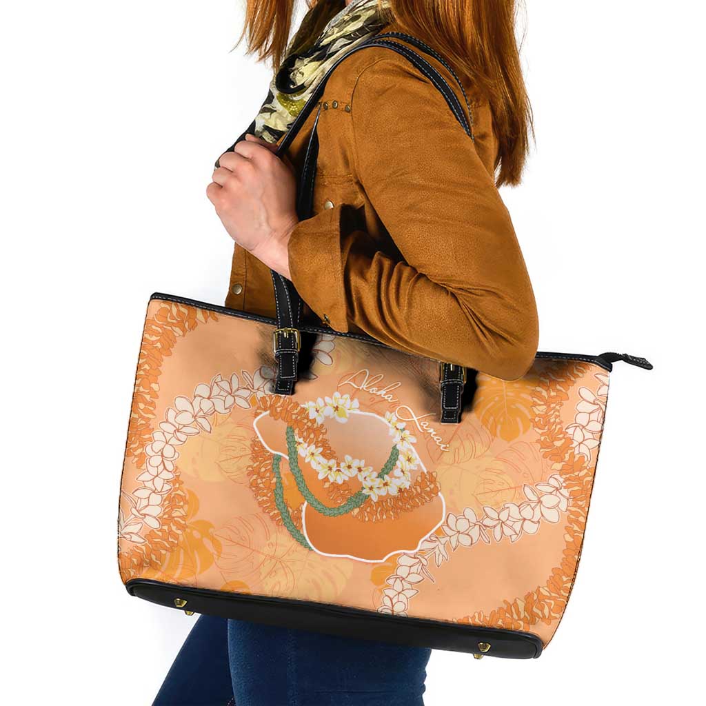 Hawaii Lanai Island Flowers Lei Leather Tote Bag Orange Kaunaoa Mix Maile LT7 Orange - Polynesian Pride