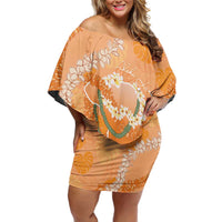 Hawaii Lanai Island Flowers Lei Off Shoulder Short Dress Orange Kaunaoa Mix Maile LT7 Women Orange - Polynesian Pride