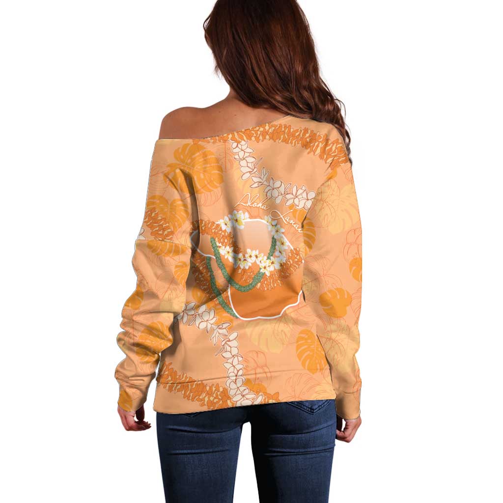 Hawaii Lanai Island Flowers Lei Off Shoulder Sweater Orange Kaunaoa Mix Maile