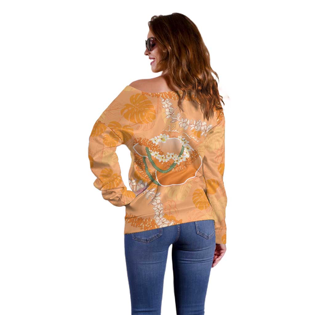 Hawaii Lanai Island Flowers Lei Off Shoulder Sweater Orange Kaunaoa Mix Maile