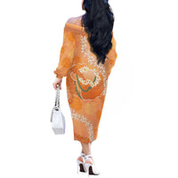 Hawaii Lanai Island Flowers Lei Off The Shoulder Long Sleeve Dress Orange Kaunaoa Mix Maile LT7 - Polynesian Pride