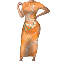 Hawaii Lanai Island Flowers Lei Short Sleeve Bodycon Dress Orange Kaunaoa Mix Maile LT7 Long Dress Orange - Polynesian Pride