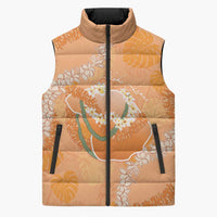 Hawaii Lanai Island Flowers Lei Sleeveless Puffer Jacket Orange Kaunaoa Mix Maile