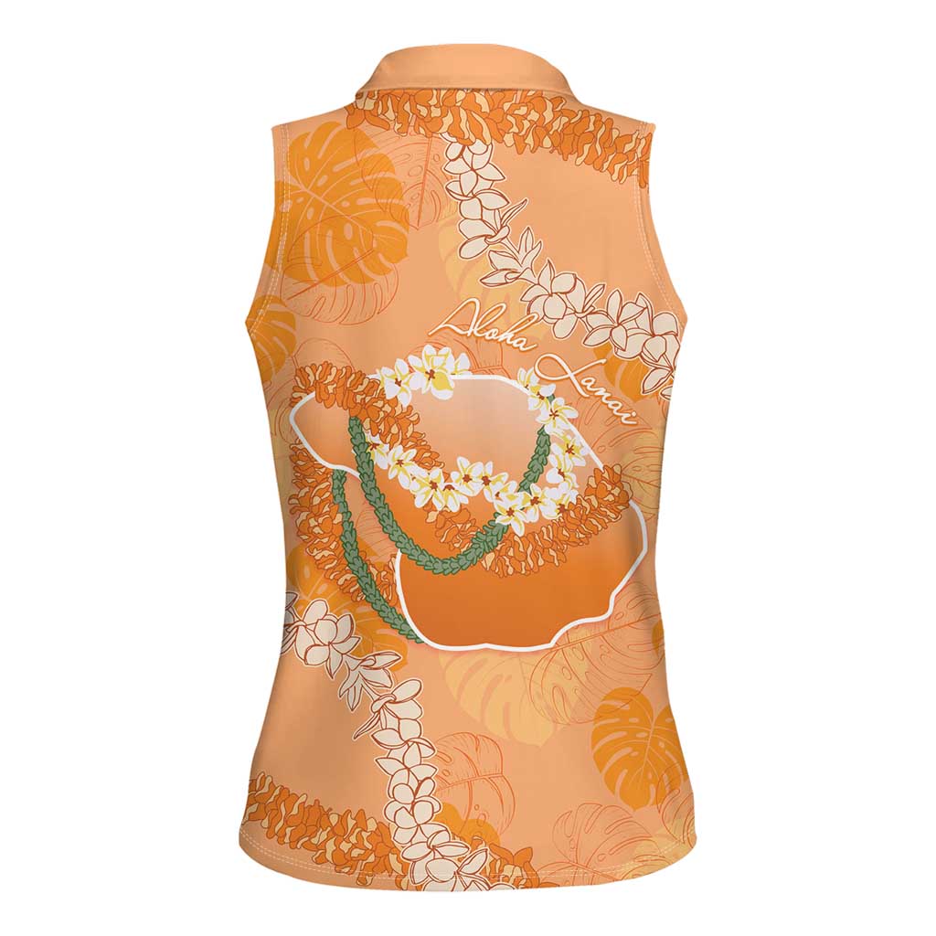 Hawaii Lanai Island Flowers Lei Women Sleeveless Polo Shirt Orange Kaunaoa Mix Maile