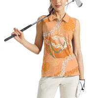 Hawaii Lanai Island Flowers Lei Women Sleeveless Polo Shirt Orange Kaunaoa Mix Maile