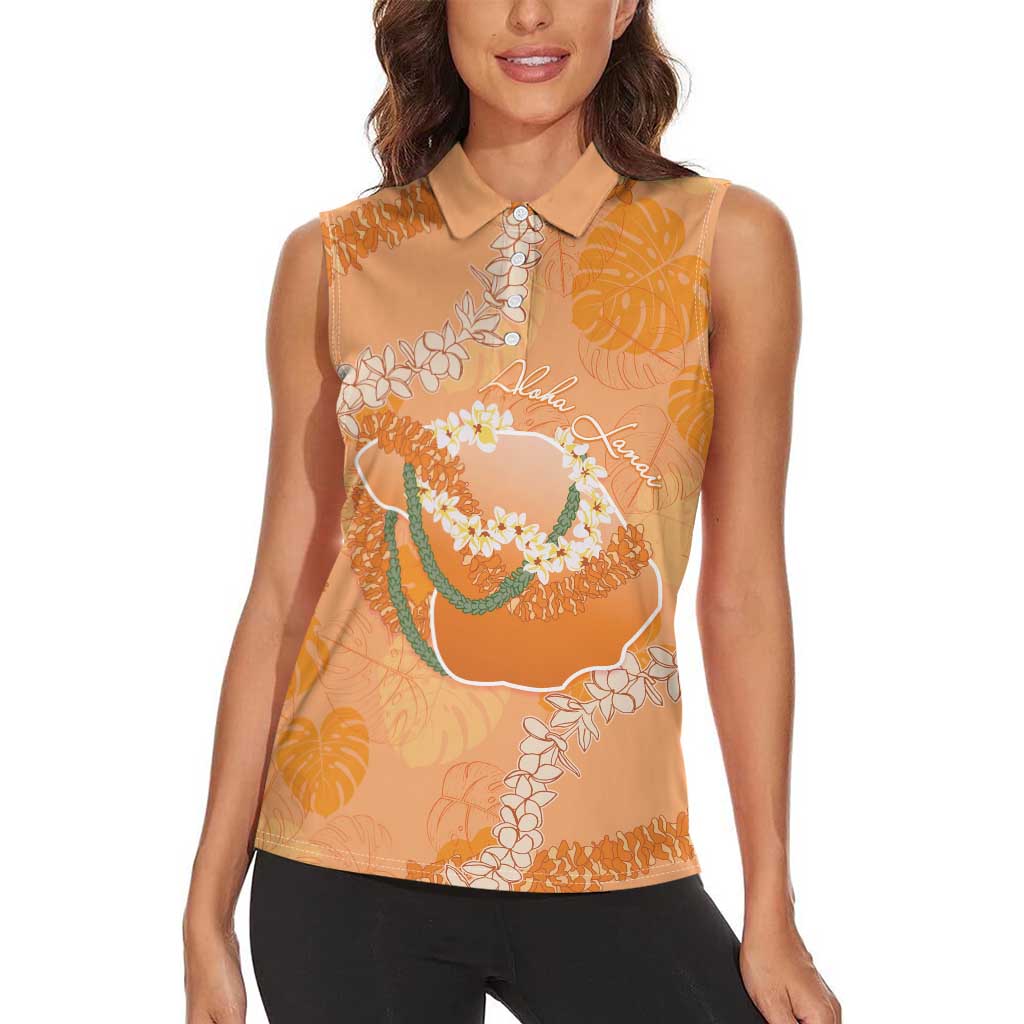 Hawaii Lanai Island Flowers Lei Women Sleeveless Polo Shirt Orange Kaunaoa Mix Maile
