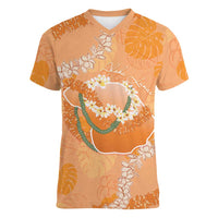 Hawaii Lanai Island Flowers Lei Women V-Neck T-Shirt Orange Kaunaoa Mix Maile