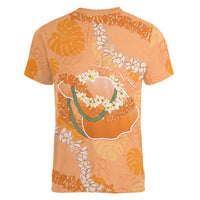 Hawaii Lanai Island Flowers Lei Women V-Neck T-Shirt Orange Kaunaoa Mix Maile