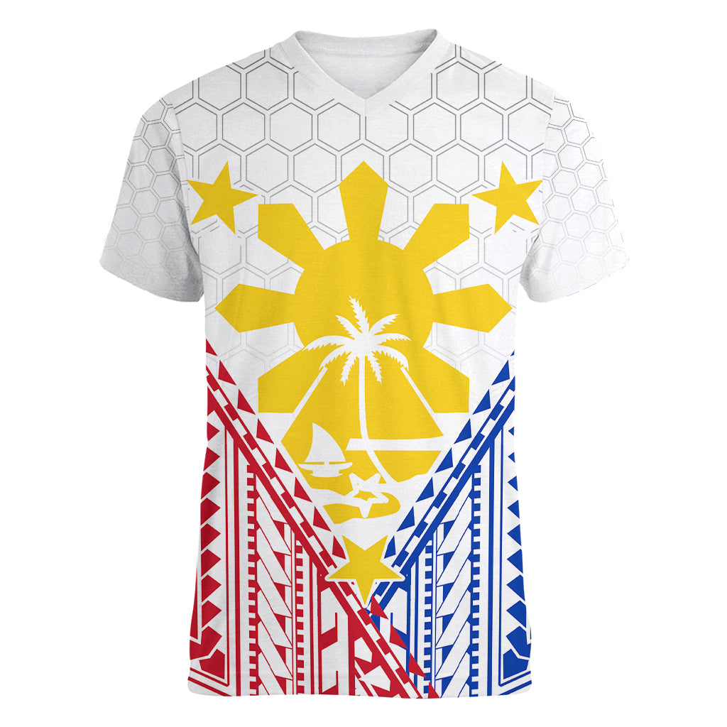 Personalised Philippines Mix Guam Women V Neck T Shirt Filipino Flag Style LT7 Female White - Polynesian Pride