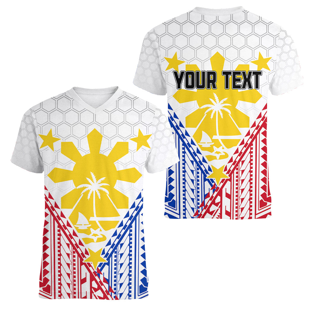 Personalised Philippines Mix Guam Women V Neck T Shirt Filipino Flag Style LT7 - Polynesian Pride