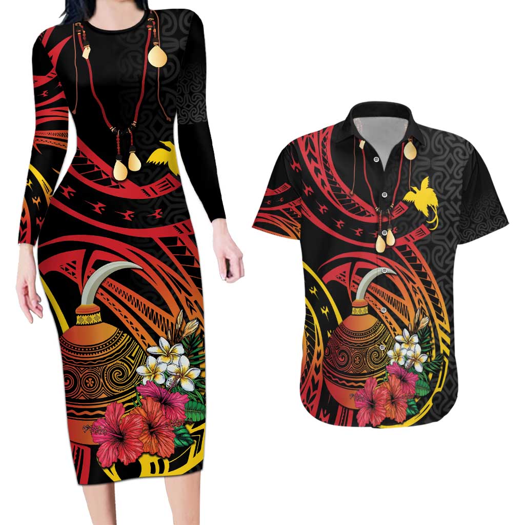 Personalized Milne Bay Couples Matching Long Sleeve Bodycon Dress and Hawaiian Shirt PNG Lime Pot with Oro Tapa