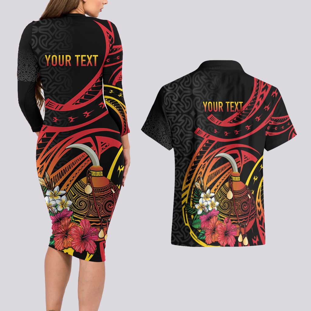 Personalized Milne Bay Couples Matching Long Sleeve Bodycon Dress and Hawaiian Shirt PNG Lime Pot with Oro Tapa